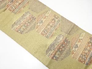 アンティーク　変わり亀甲に花・古典柄織り出し袋帯（着用可）